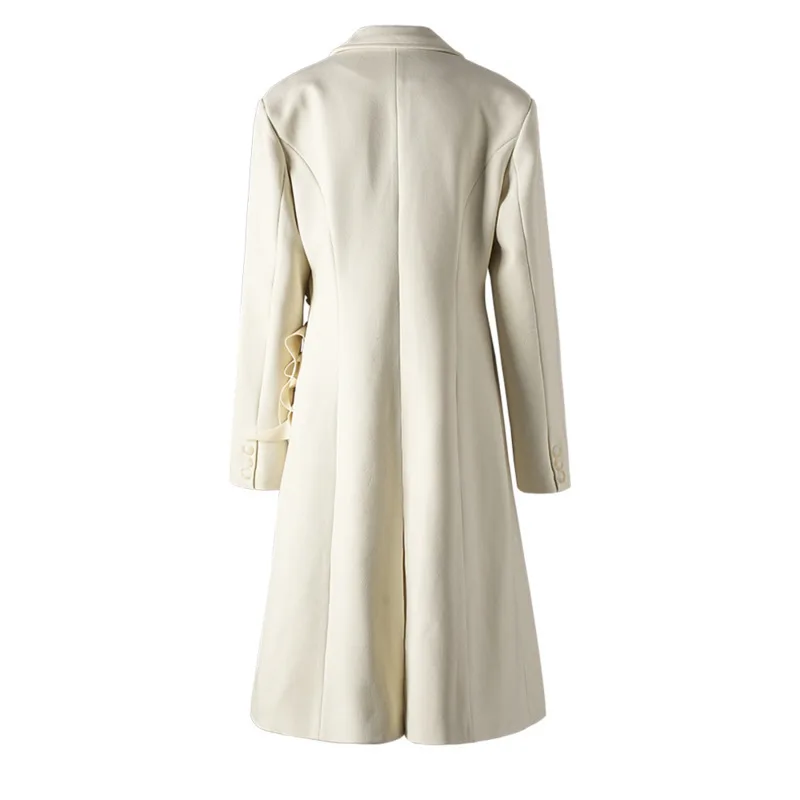 [Vibe] Beige Flower Elegant Long Warm Woolen Coat New Lapel Long Sleeve Women Jacket Fashion Tide Autumn Winter 2025