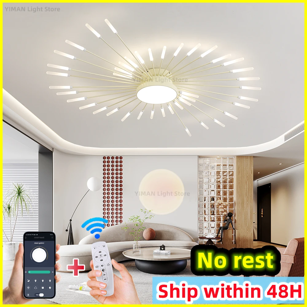 

Led Firework Chandelier Dimmable For Living Room Bedroom Milk Yellow Ceiling Chandelier Dining Room LED Ceiling Lamp With Remote