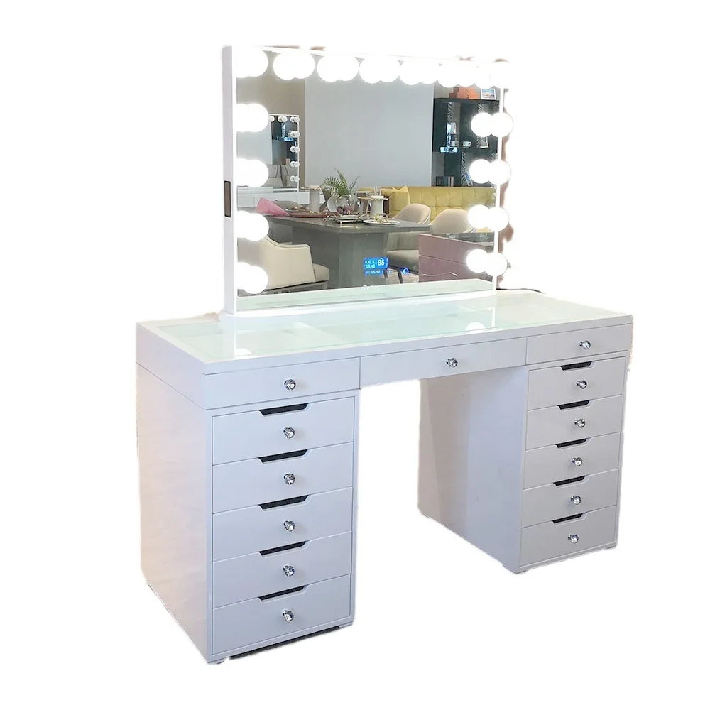 Top Maquillaje Makeup  Vanity Desk Dressing Table With Led Mirror（no chair) White Black Cheap Impressions Glass