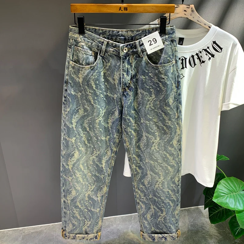 

Hip Hop Trend Jacquard Printed Jeans Men's Fashion Loose Cool Straight Korean Street Pu Handsome Wide Leg Y2K Retro Pants