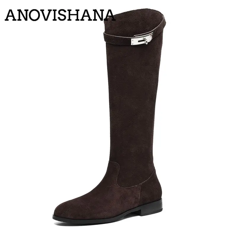 ANOVISHANA Botas hasta la rodilla de color caqui para mujer, punta redonda, tacón bajo de 2,5 cm, hebilla de cinturón sin cordones, talla pequeña 33, Bota de caballero diario para ocio 40