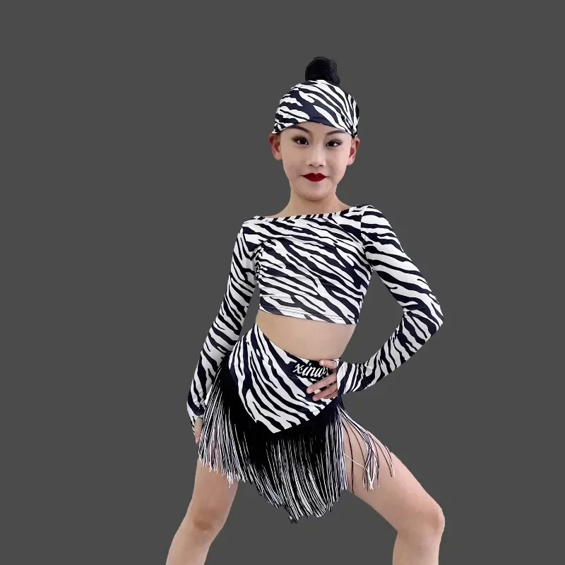 3Pcs Customized Children's Latin Dance Dress Tassel Skirt Zebra Pattern Long Sleeve Top Training Skill Table Performance Dress