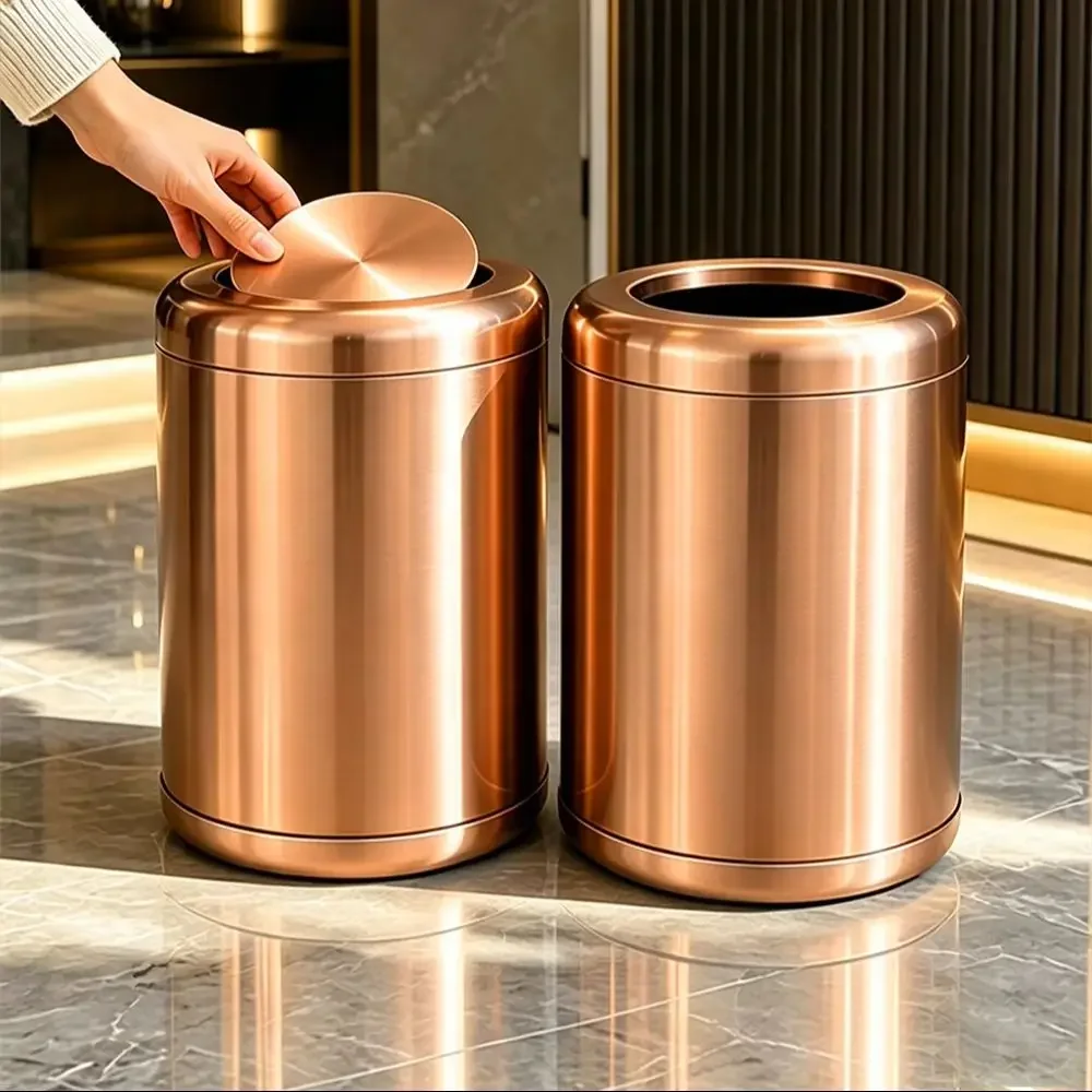 10L/2.6gal Rose Gold Trash Can Luxury High-End Stainless Steel Trash Can - Stylish Double-Layer Minimalist Bin for Bathroom