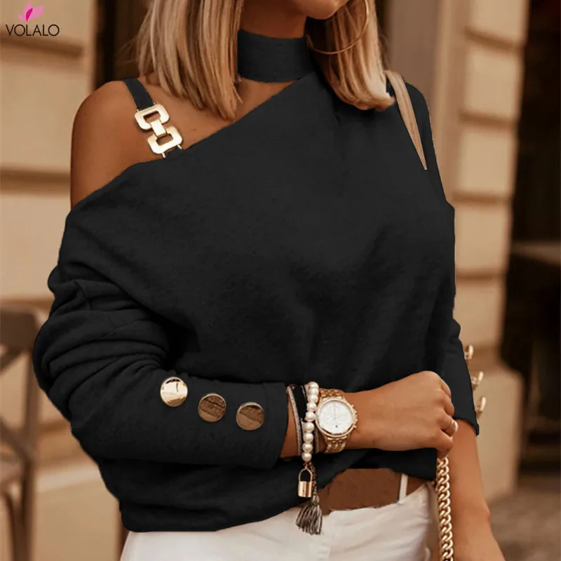 

2024 Slanted Shoulder Chain Decorative Pullover T-Shirt Women Autumn New Fashion Casual Long-Sleeved Black Apricot Blouse Tide