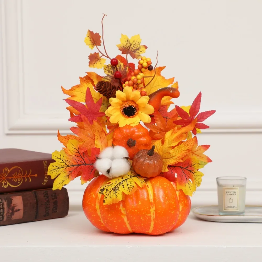 Autumn Harvest Artificial Pumpkin Sunflower Ornament Realistic Flower Simulation Decoration Party Fall Home Window Decor Props