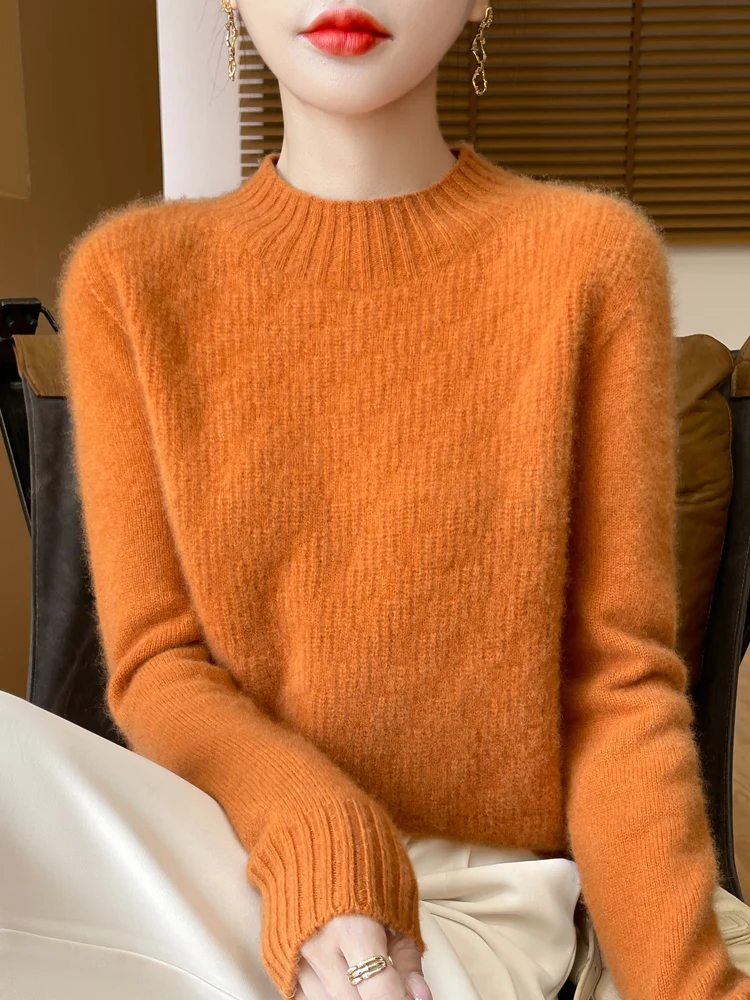 100% pure cashmere sweater women's semi-high neck thick jacquard seamless sweater loose cashmere bottoming shirt