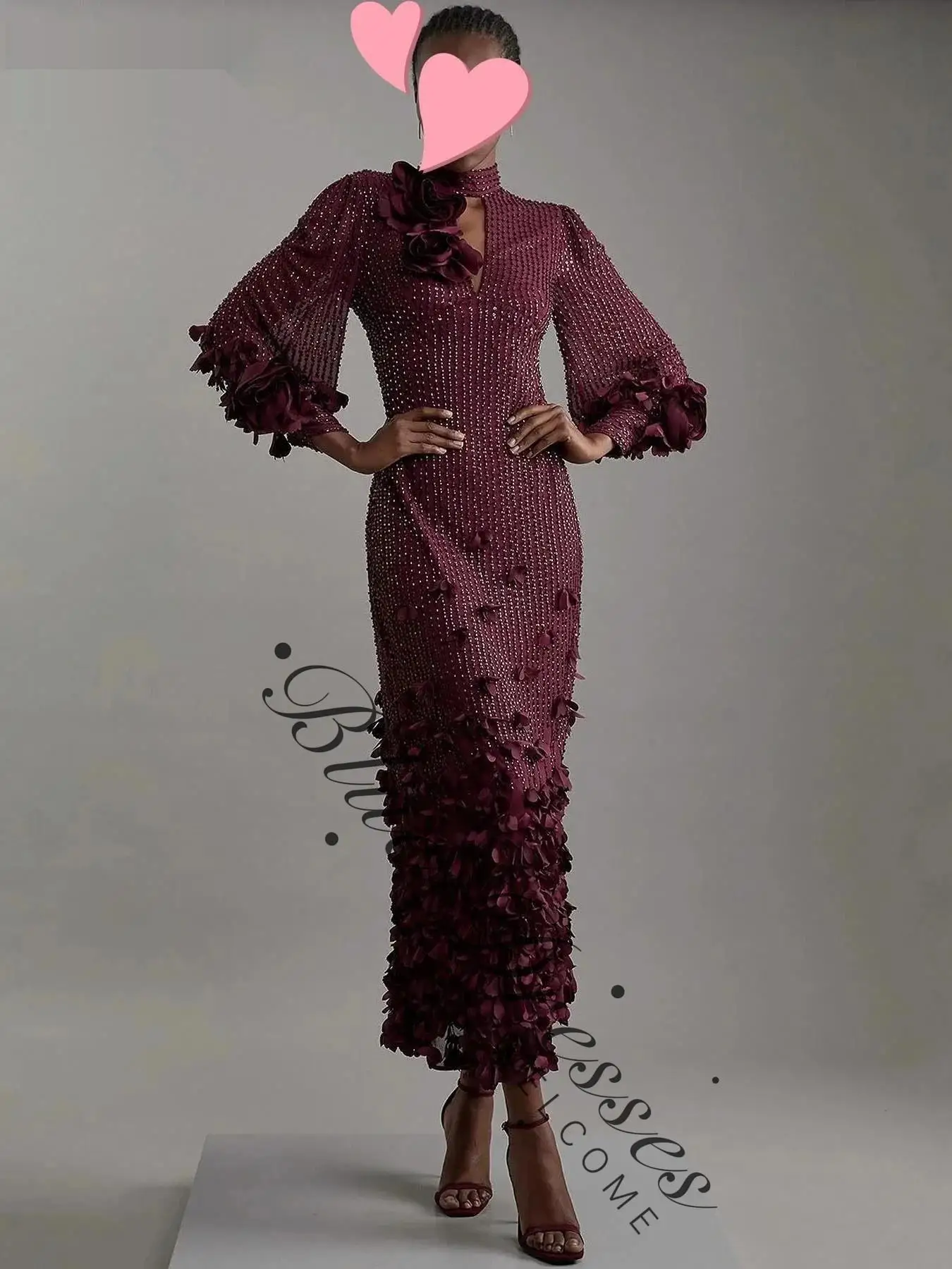 

customized Evening Dresses Column Scoop Neckline Ankle-Length Flowers Dresses For Special Occasions Zipper Up Long Sleeves Dres