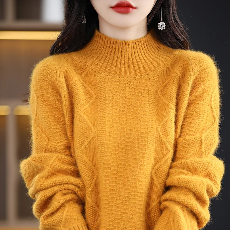 Autumn and Winter Semi-Turtleneck Authentic 100% Mink Cashmere Sweater Women\'s Loose Plus Size Jacquard Knit Base Hot Jumper