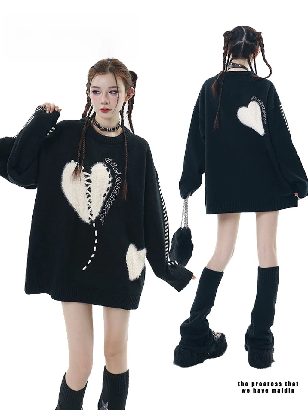 

Boeax Street Sle Oversized round Ne Knitted Sweater ex Long Sve Heart Tie Casual Comfortable Hip Hop Faion