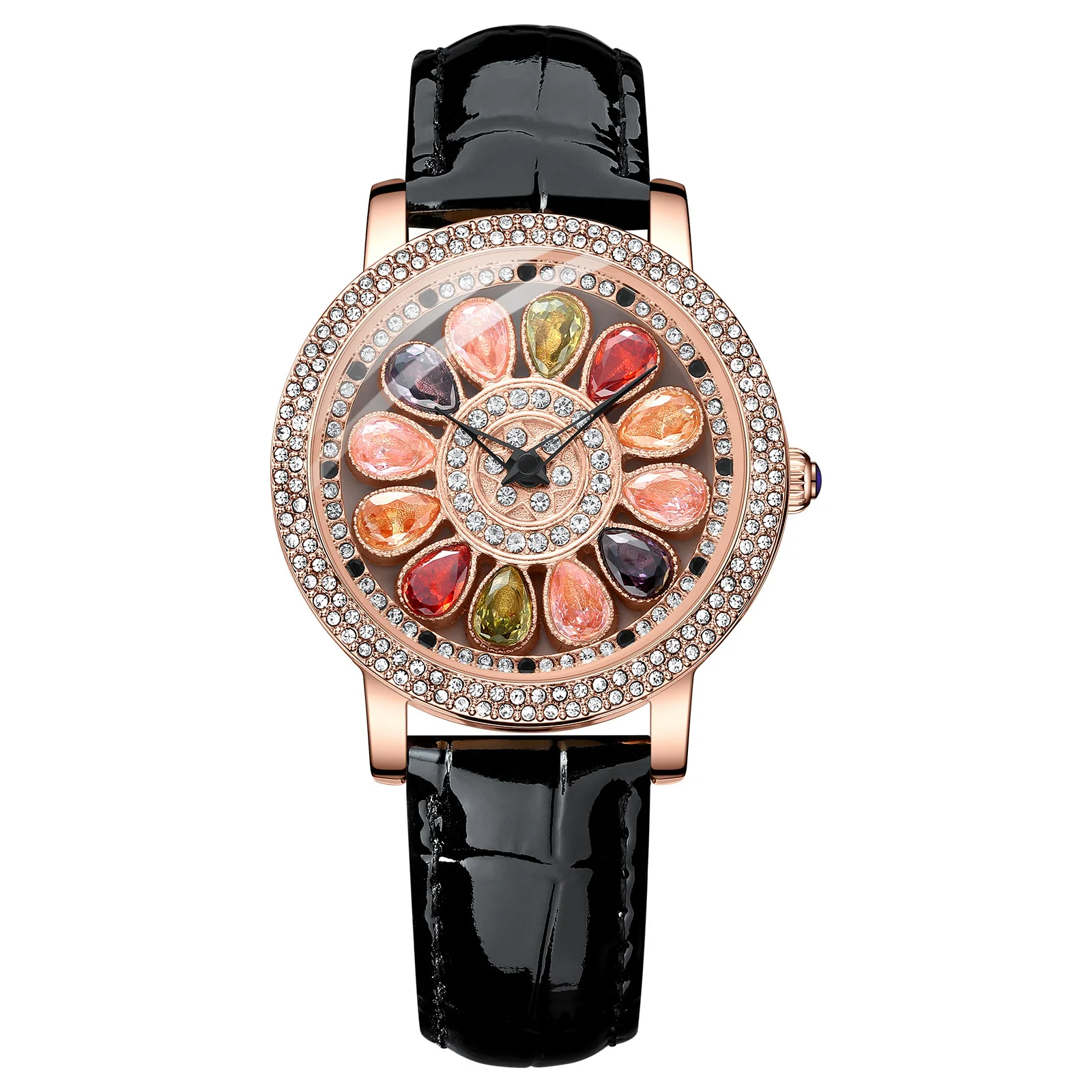 LANCARDO Crystal Diamond Leather Waterproof Watch Quartz Crystal Rotary Decompress Rhinestone Case Women's Home Business Casual