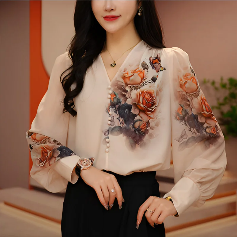 2024 New Summer Elegant Fashion Bohemian Loose Casual Office Lady Women\'s Shirt Solid Button V Neck Long Sleeve Chiffon Y2K tops