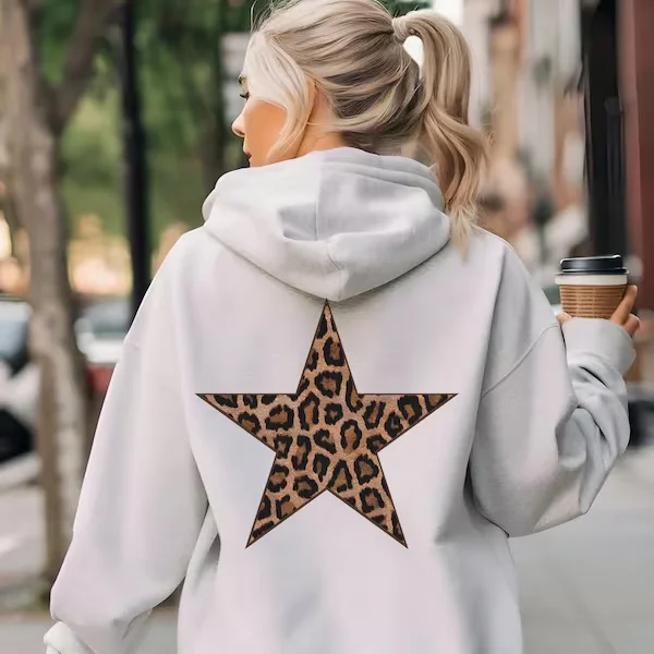 Lonely Leopard Print Pentagram Star Pullover Hoodie Retro Animal Print Sweatshirt Unisex Soft Fleece Fashion Streetwear Tops