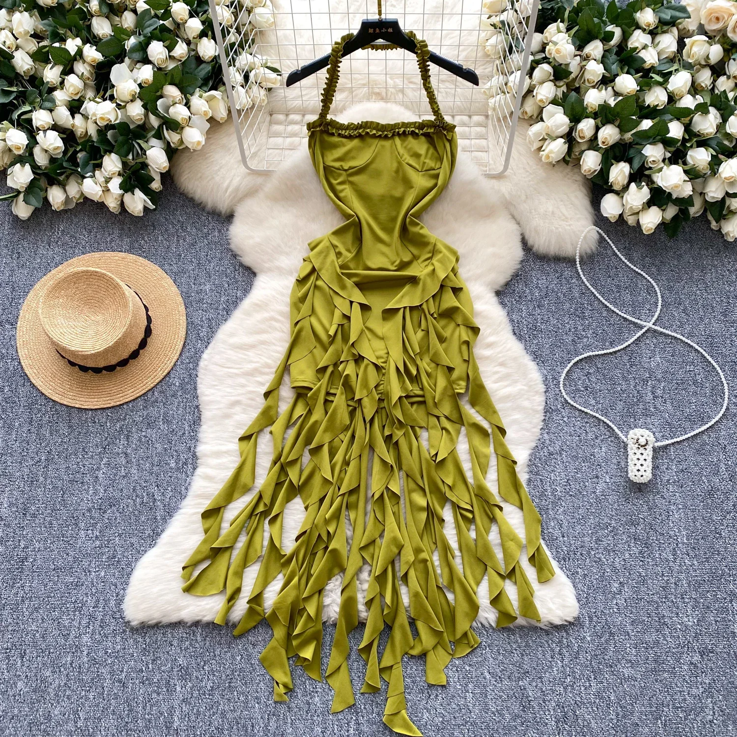 Sexy Halter Elegant Sleeveless Vintage Ear Fungus Edge Riddon Chic Slim Strapless Dresses Streetwear High Street Autumn Clothing