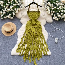Sexy Halter Elegant Sleeveless Vintage Ear Fungus Edge Riddon Chic Slim Strapless Dresses Streetwear High Street Autumn Clothing
