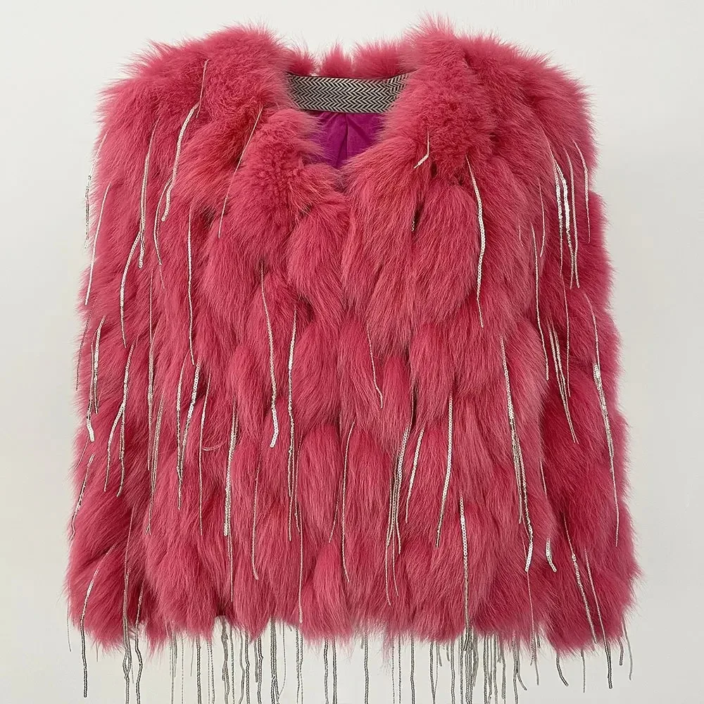 سترات من فرو الثعلب الحقيقي فاخرة موضة جديدة للشتاء معطف فرو الثعلب الطبيعي السميك سترات دافئة مبيعات ساخنة معاطف نسائية جديدة من الفرو بشراشيب #3