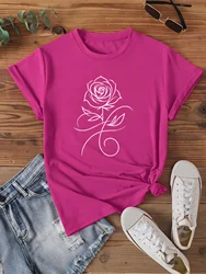 Rose Line Art Print T-shirt Short Sleeve Crew Neck Casual Top for Summer and Spring Women's Clothing Elegant Single