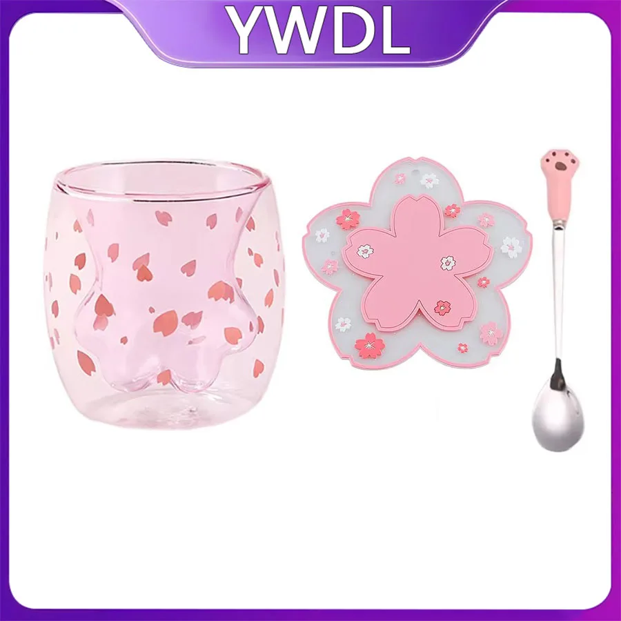 Caneca de café de vidro com parede dupla YWDL com colher e porta-copos, caneca de leite/suco com desenho de gato fofo, caneca com formato de pata de gato para casa/escritório, para presente.