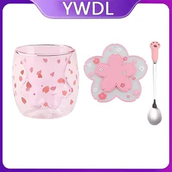 YWDL Double Wall Glass Coffee Mug With Spoon And Coaster Cartoon Cute Cat Milk Juice Cup Home Office Cat Claw/Paw Cup For Gift