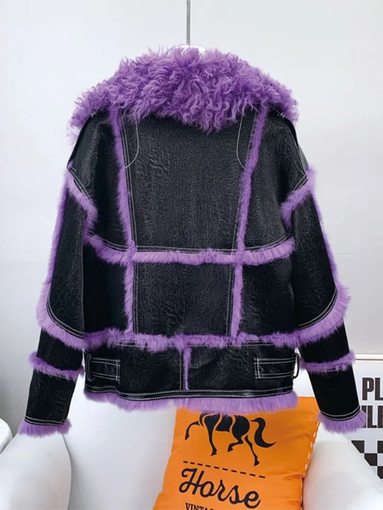 Women Luxury Splicing Sheep Wool Collar Punk Real Rabbit Fur Lining Short Coat Winter High Street Thick Warm Faux Leather Jacket