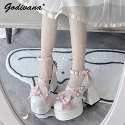 Oryginalne buty Lolita z okrągłym noskiem japońskie słodkie słodkie dziewczyny miłosna kokardka lakierowana skóra masywny obcas Lolita damskie szpilki z pompką