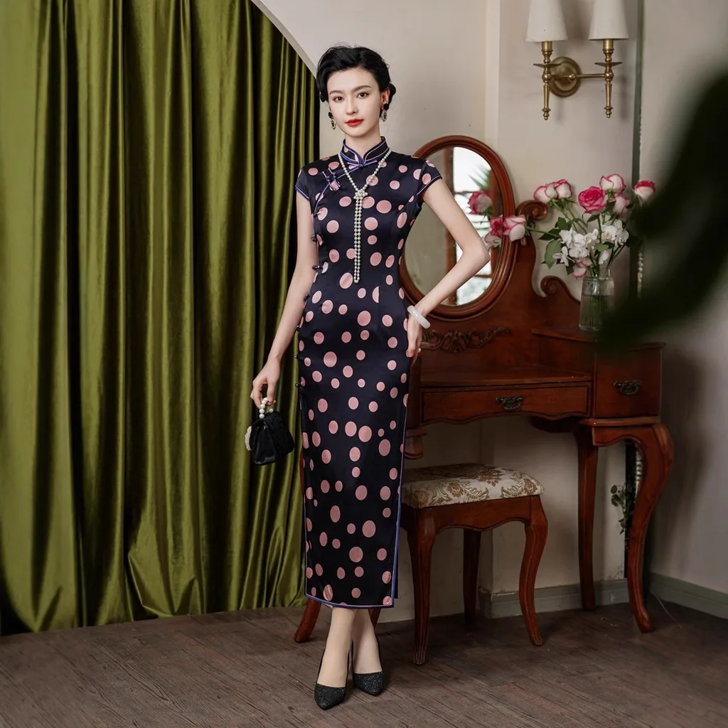 

Silk Chinese Floral Traditional Vintage Modern Cheongsam Qipao Women's Long High-End Improved Polka Dot Suzhou Young