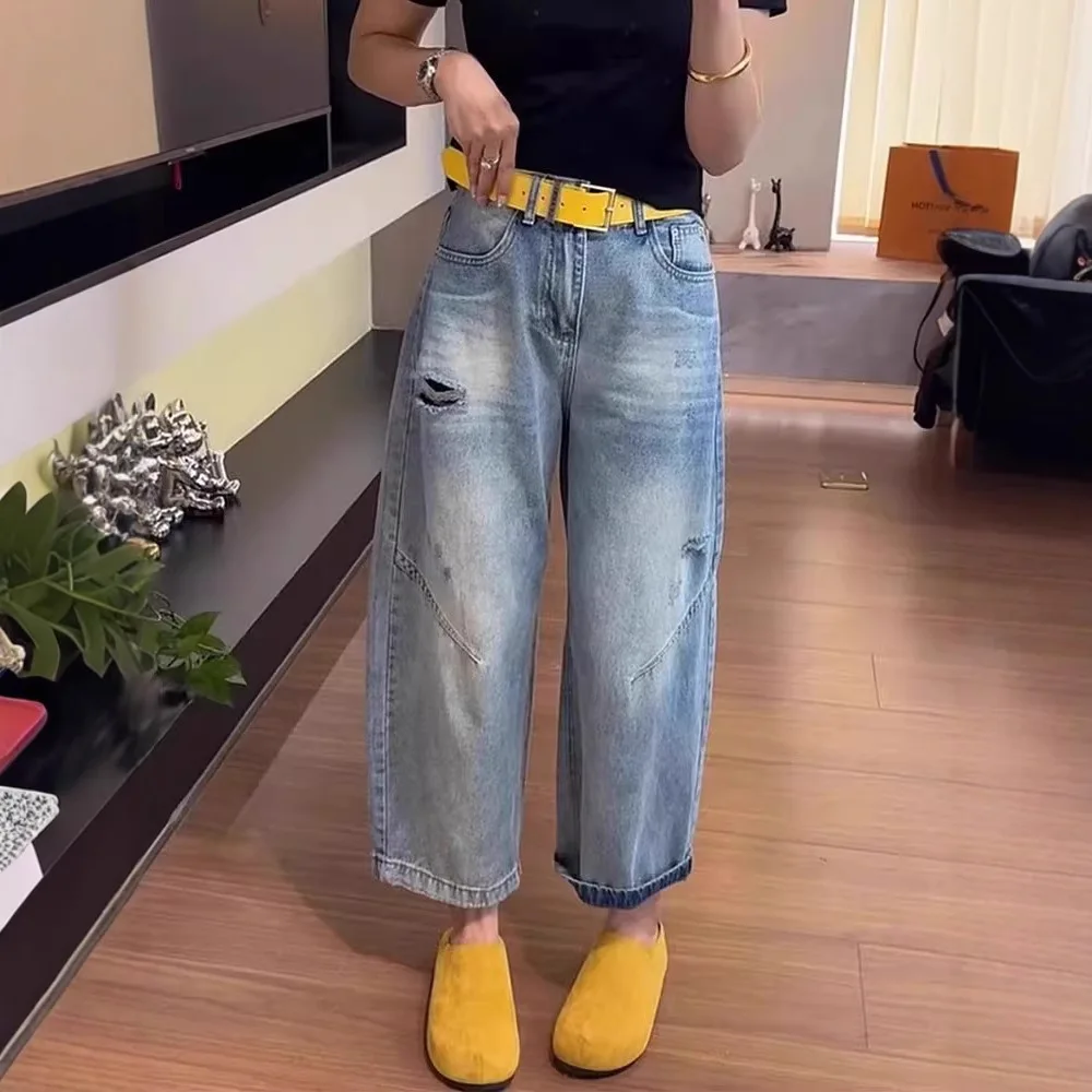 Retro High Waist Denim Jeans Women Spring Summer New Style Loose Fit Wide Leg Nine Points Pants Fashion Leisure Women Jeans