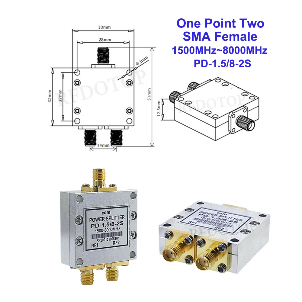 1Pcs SMA Female 1.5-8G Microstrip Power Splitter One Point Two RF Power Splitter 10W 50Ohm GPS Satellite Signal Power Divider