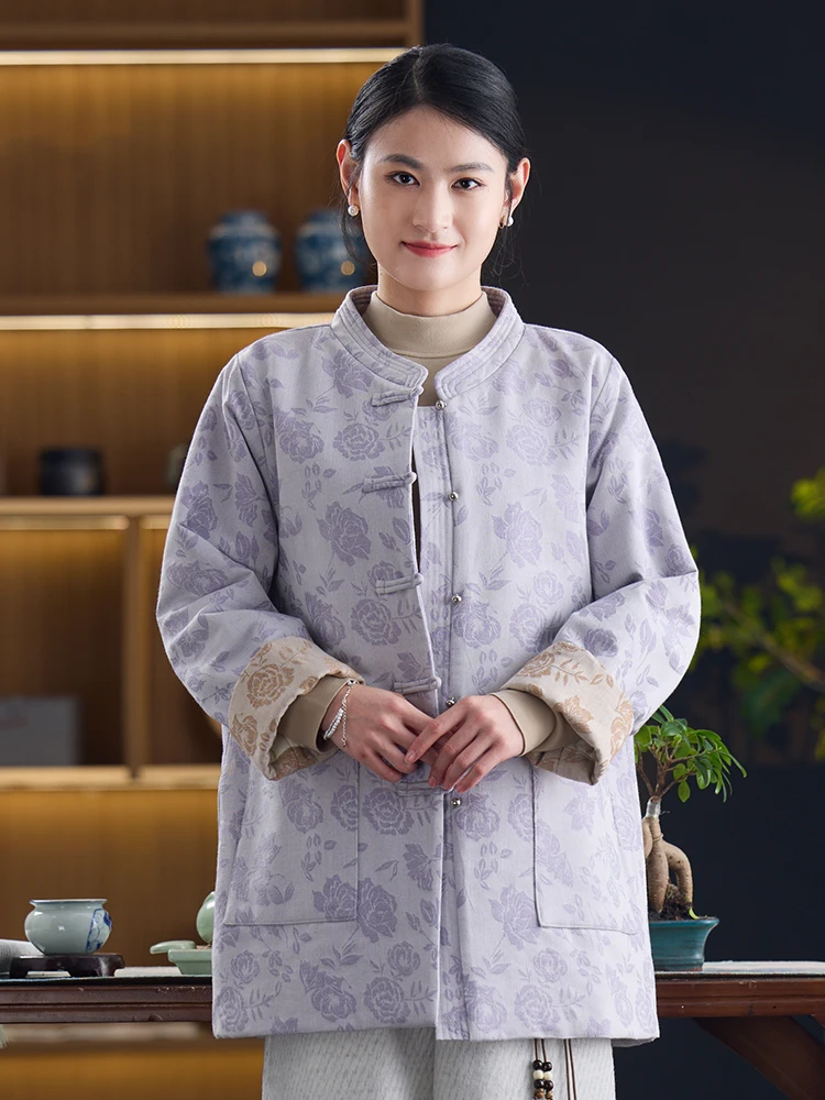 

New Chinese Sle Cotton Jaet 2025 New Sle Button Front Tang Suit Cotton Coat Stand Collar Cotton Outerwear Women's Faion