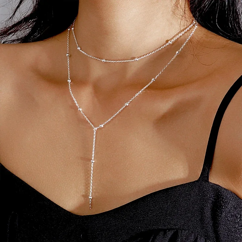 925 Sterling Silver Double Layer Bead Necklace Long Pendant Tassel Neckchain for Women Girls Neck Chain Jewelry Accessories Gift