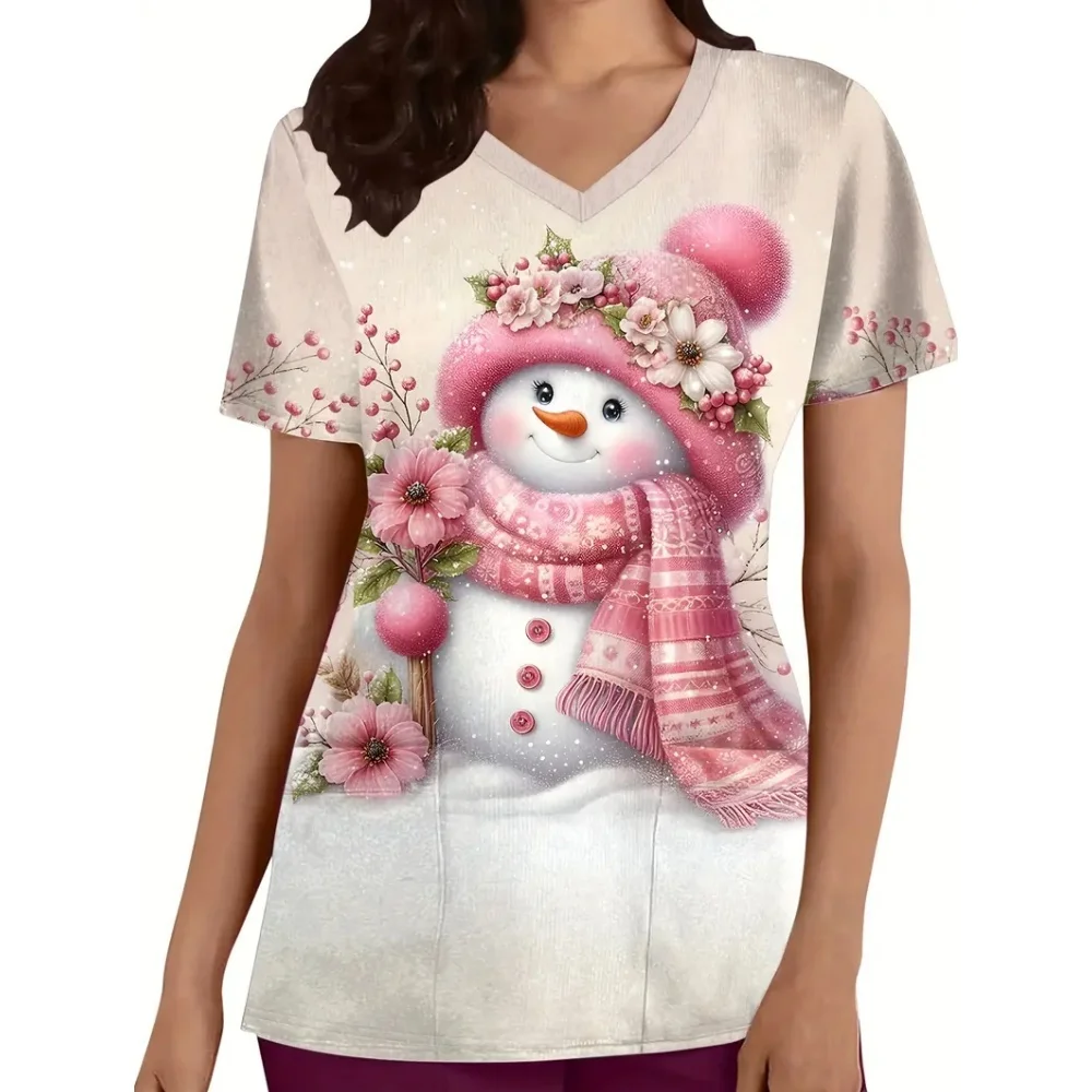 

Scrub Medical Woman Summer Christmas Snowman Print V-Neck Short Sleeves Cute Nursing Uniforms Tops Dental Women's Nurse Clothes