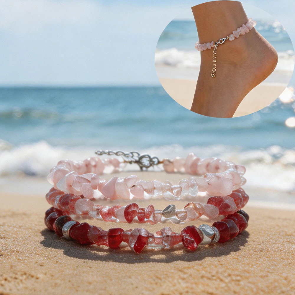 Natural Irregular Pink Quartz Stone Anklet Handmade Bead Ankle Chain with Adjustable Lobster Clasp Beach Jewelry Gift for Friend