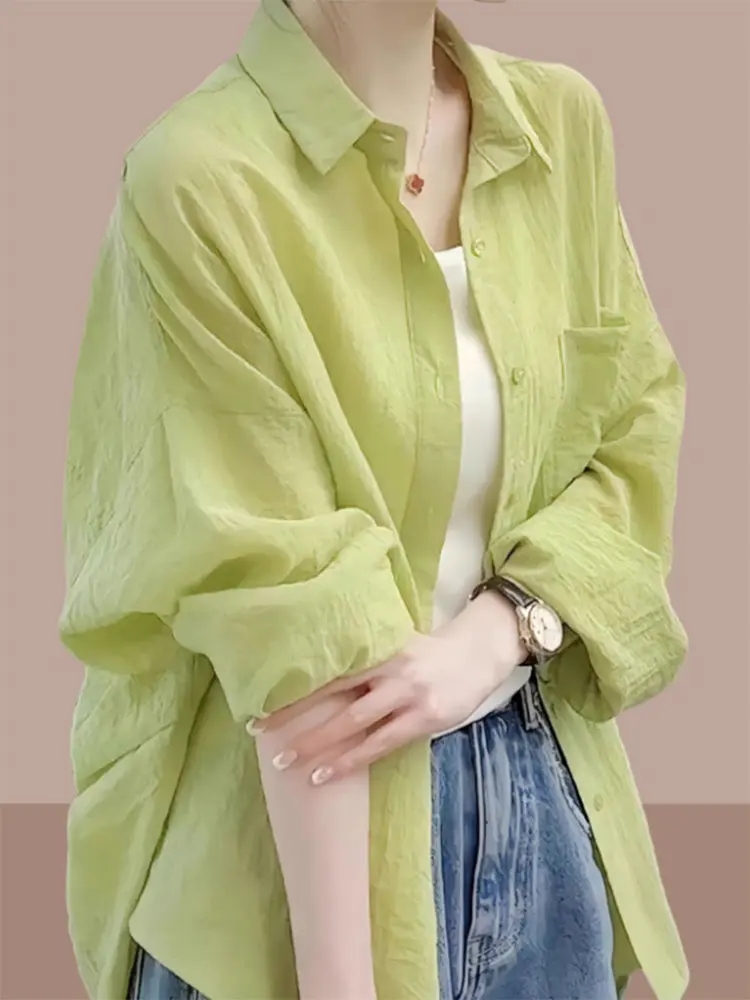 

Summer 2026 Women's Loose Mint Green Midi Length Sun Protection Shirt Stylish Versatile Long Sleeve Shirt Korean Style Commute