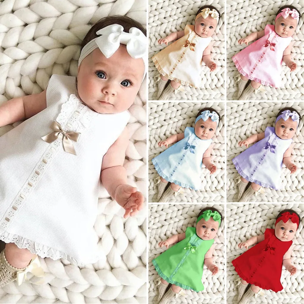 Newborn Baby Girl Sleeveless Casual Maxi Bow Dress+Headband Set Outfit Children\'S Clothing Roupa Infantil Menina комплекты для м