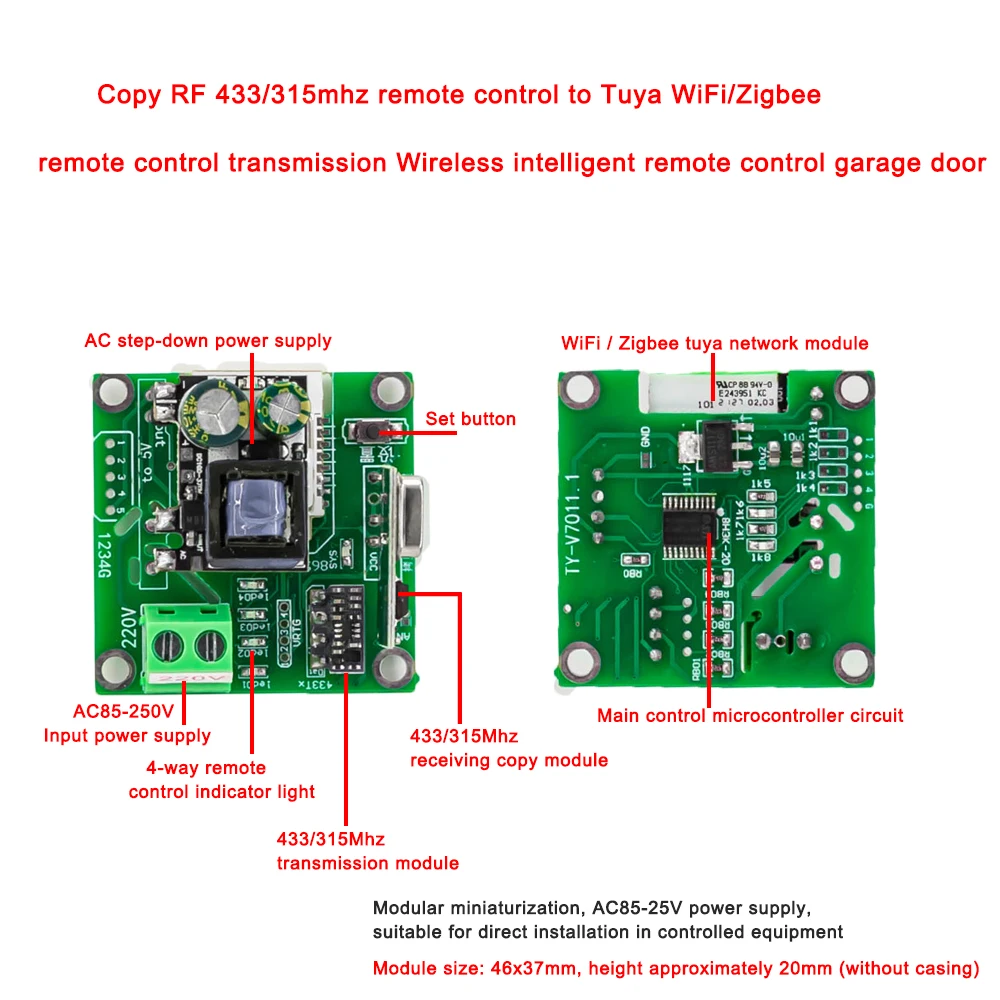 V7011 Tuya WiFi/Zigbee to RF Converter 315 433 MHz Universal WIFI Garage Gate Door Remote Control Switch