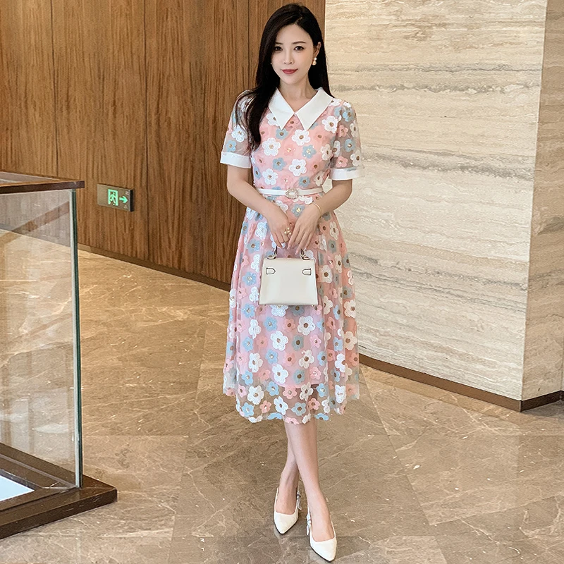 

Luxury Women Summer Fashion Elegant Pink Mesh Sequined Sweet Turn Down Collar Short Sleeve Belt Party Casual Holiday Dresses