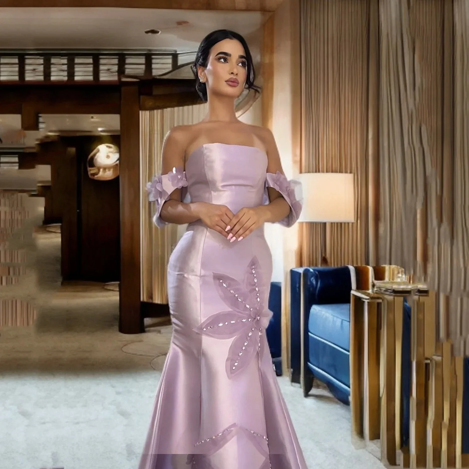 

Lilac Floral Beaded Long Bespoke Occasion Gown Evening Dresses Prom Pastrol Unisex Jersey Retro Dubai Saudi Arabic Customized