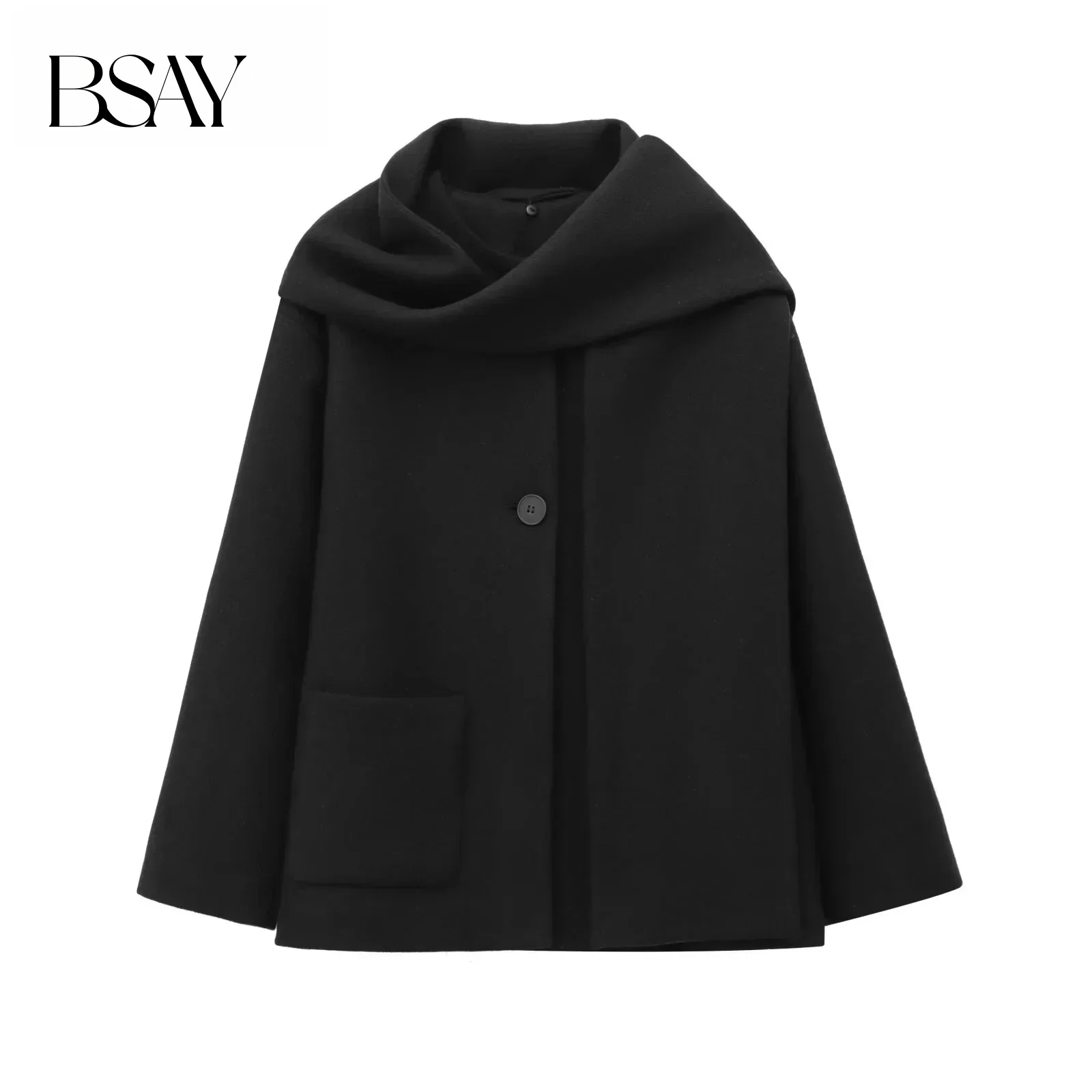 BSAY ブレンドコート レディース ファッション 秋冬新作 スカーフ付き ラウンドネック 長袖 シングルボタンコート シック レディース トップス 女性用