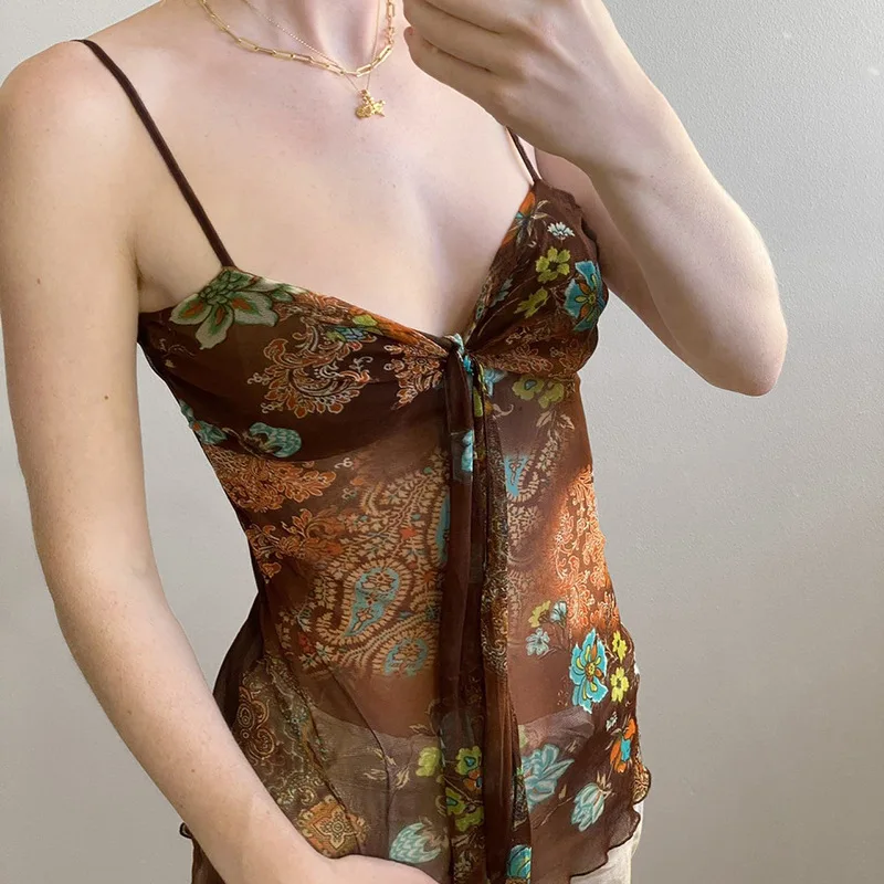 

Floral Graphic Print Mesh Camis Boho Aesthetic Folds Tie-up Sleeveless Tops Grunge Slim-fit Vest Retro Women