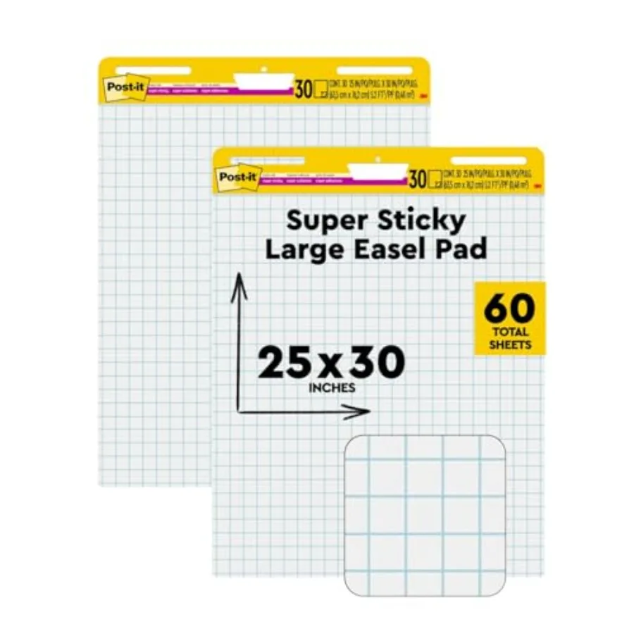 

Суперлипкая бумага для флипчартов Super Sticky Easel Pad, 25 x 30 дюймов, 30 листов на блоке, 4 блока, большая белая сетка, премиум-качество, самоклеящаяся