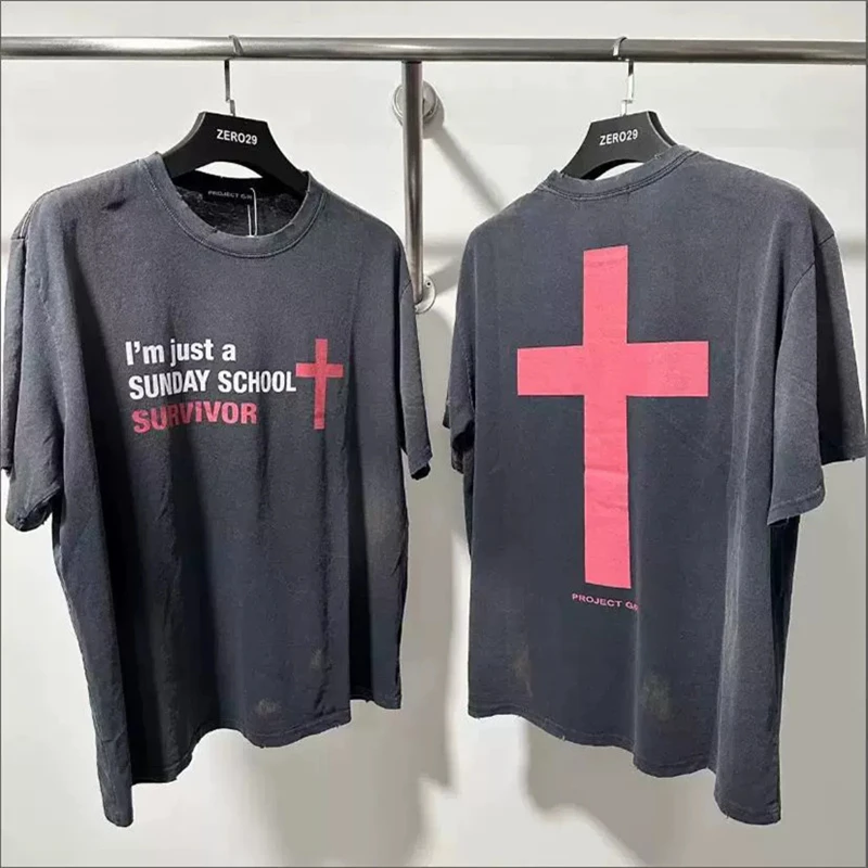

Футболка Stain Washed Black Project, высококачественная свободная футболка из чистого хлопка для мужчин и женщин, повседневная футболка с большим красным крестом и принтом Grailz