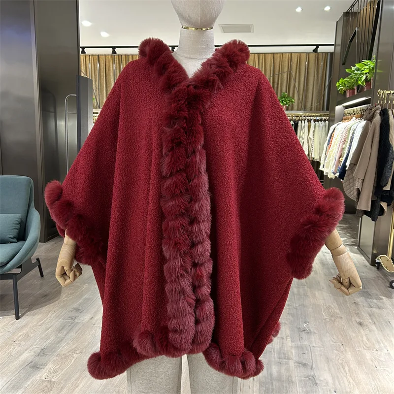 ファッション手仕事フェイクファートリム模倣ラムウールコートケープ冬ルーズオーバーコートパーティー旅行ロングクロークポンチョ女性ギフト