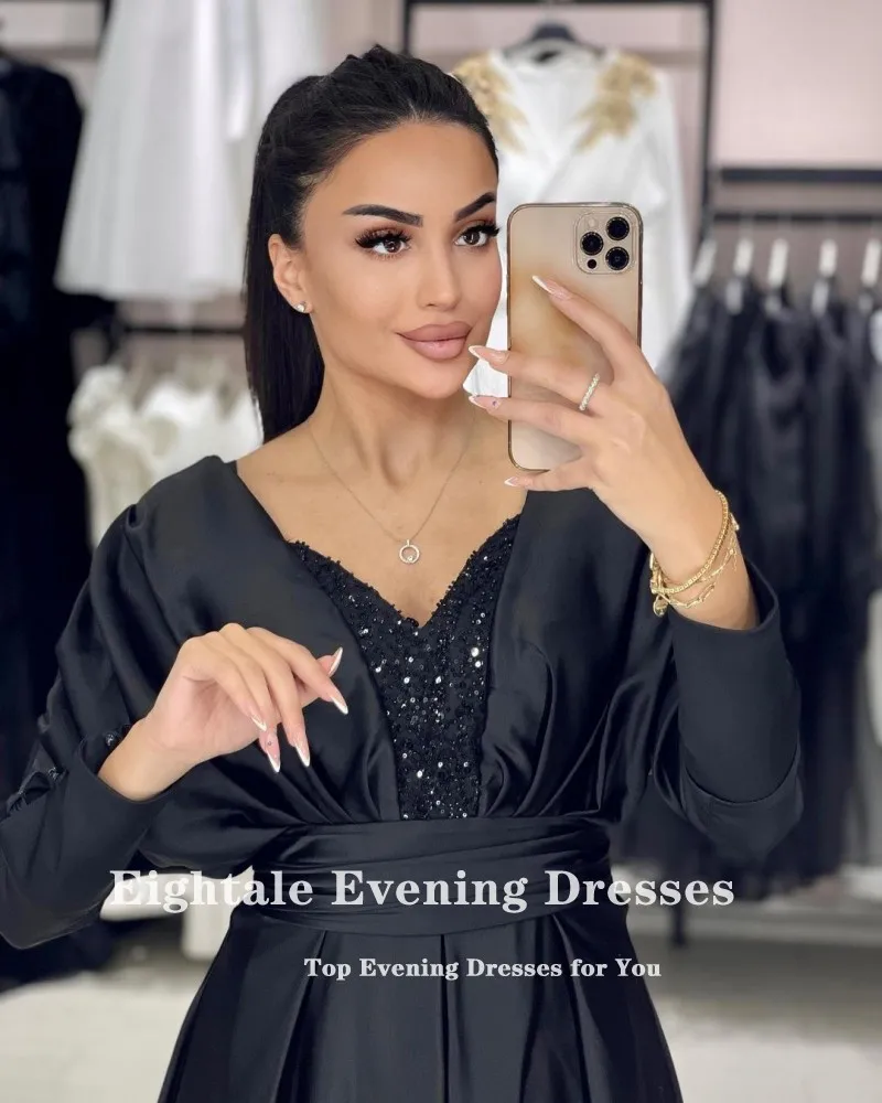 Eightale Formal Evening Dresses for Wedding Party Black V-Neck Satin Floor Length Long Sleeves Customized Arabic Prom Gowns