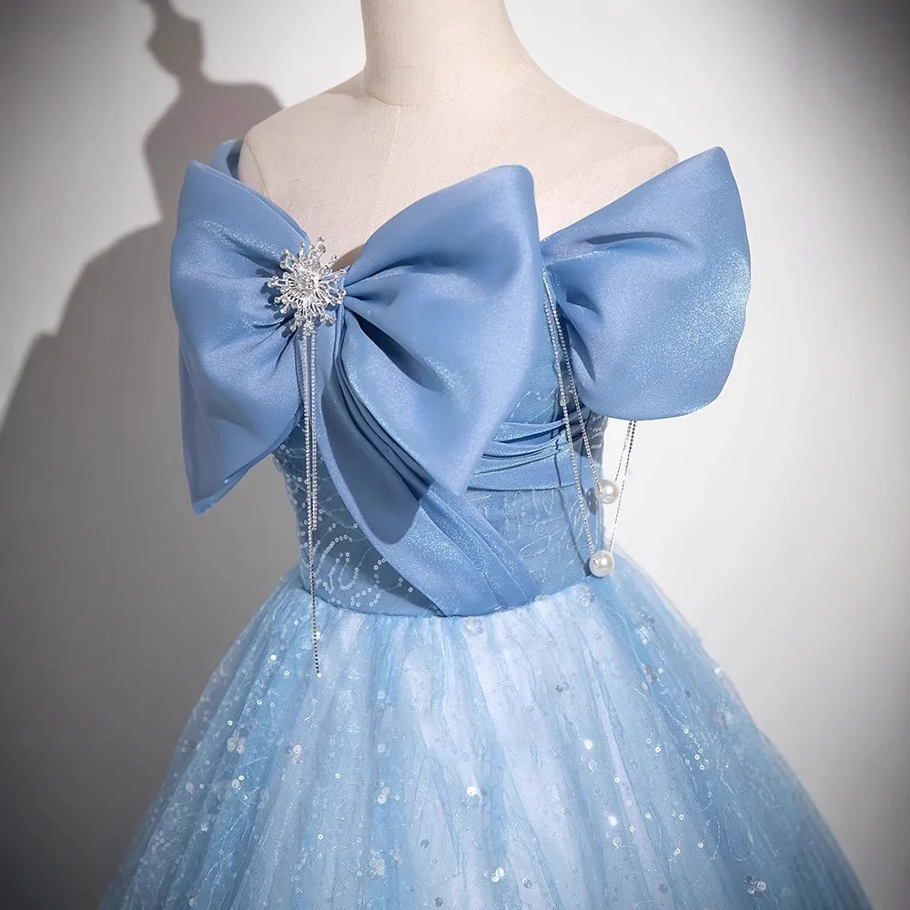 Elegant Women's Sparkling Bow Evening Dress Bule Sexy Off-Shoulder Party Birthday Dress Customized Prom Special Occasion Dresses