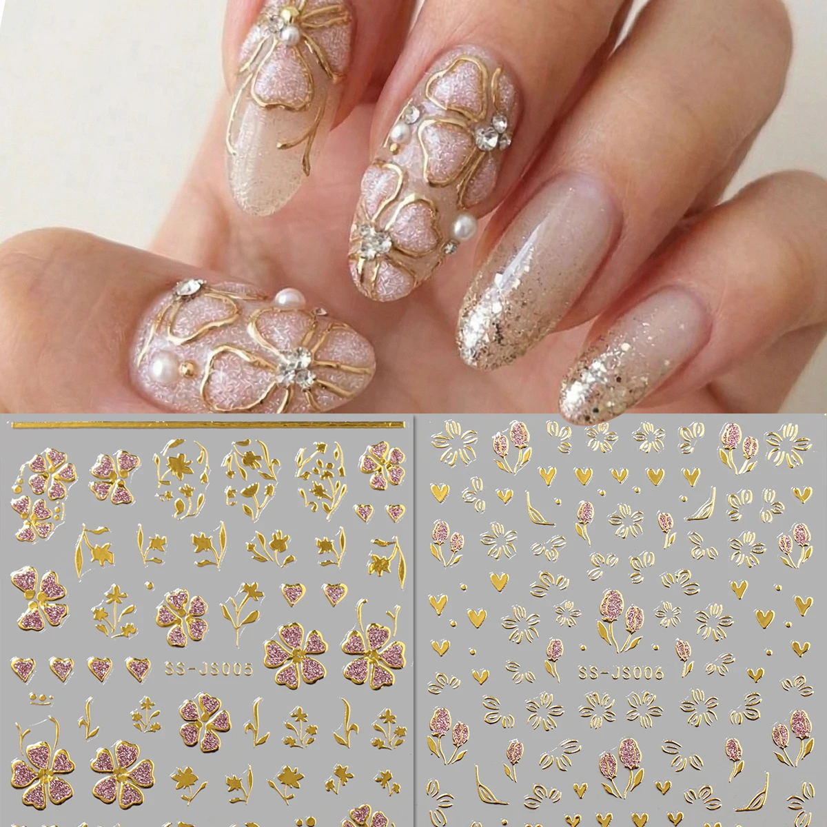 Pink Gold Glitter Floral Nail Art Stickers - Luxury Bronzing Flower & Leaf Design - Elegant Spring Summer DIY Nail Decals for We