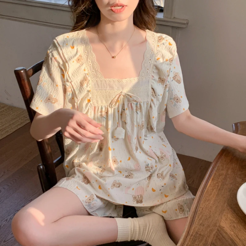 Korean Ins Simple Style Sweet Y2k Women\'s Nightgown Cloud Cotton Square Collar Pajamas with Bra 2024 New Summer Female Sleepwear