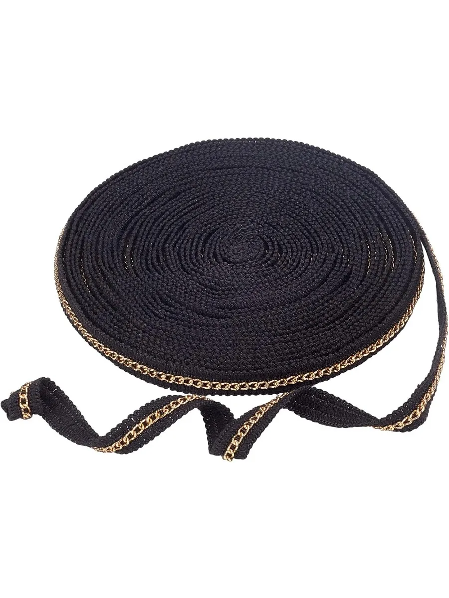 10 Yards Braid Trim Ribbon 1/2 Inch Black Sewing Trim with Metal Aluminum Chain Nylon Woven Trim for Costume Sewing