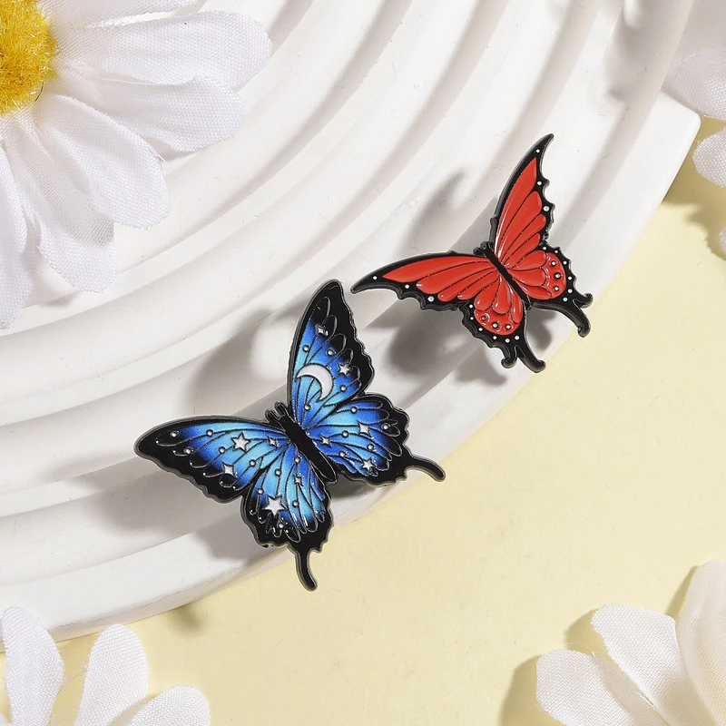 Moon Star Blue Butterfly & Flame Red Butterfly Enamel Pin Retro Dreamy Butterfly Brooch Lapel Bag Badge Jewelry Gift for Friends