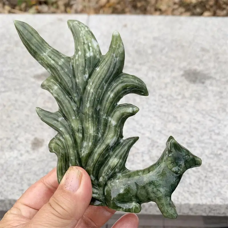 Natural Green Jade Nine-tailed Fox Carving Polished Powerful Animal Statue For Home Decoration Gift 1pcs