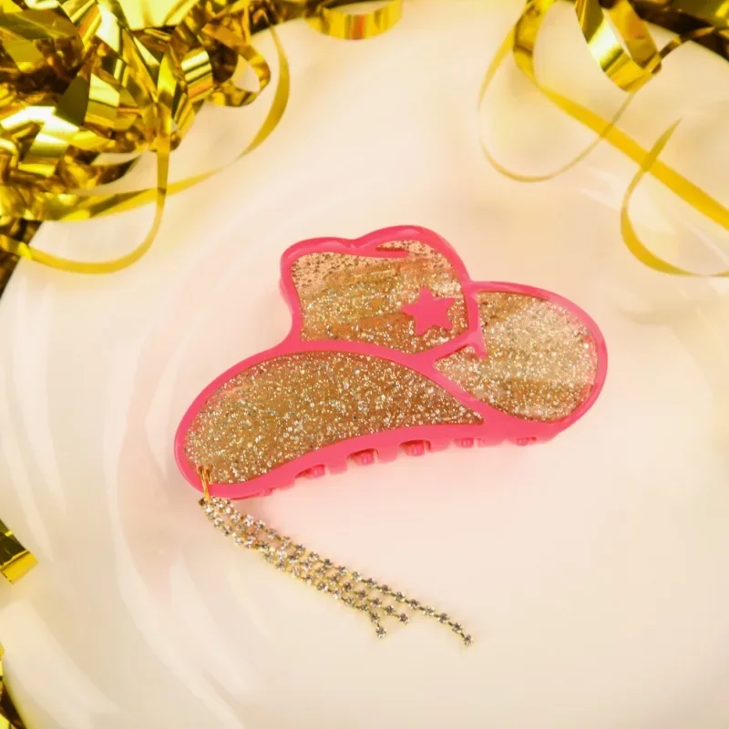 

New Pink Gold Cowboy Hat Hair Claw Shiny Tassel Acetate Pink Hat Claw Clip Bling Crab Hair Clip Hair Accessories for Women Girls