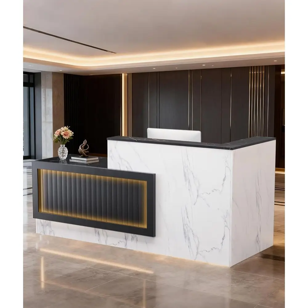 

70.87 L-Shaped Commercial Wooden Desk with Lockable Drawers, Door Cabinet, and Lighting, Black and White